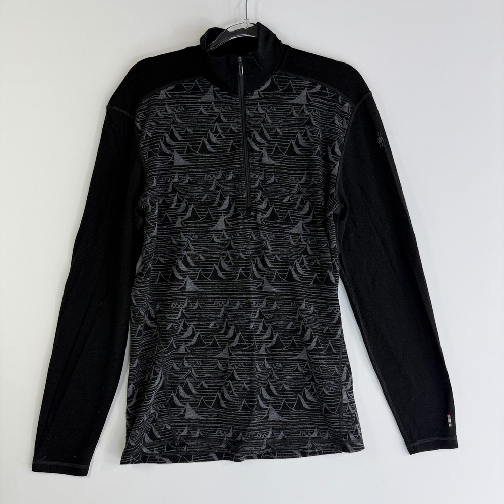 Smartwool Merino 250 Base Layer Men Large Black Mountain Pattern 1/4 Zip Top